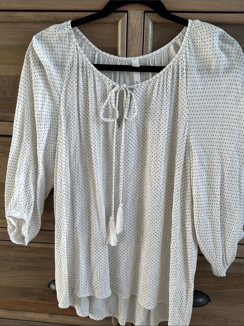 NY Collection White Peasant Blouse with Black Dot Print